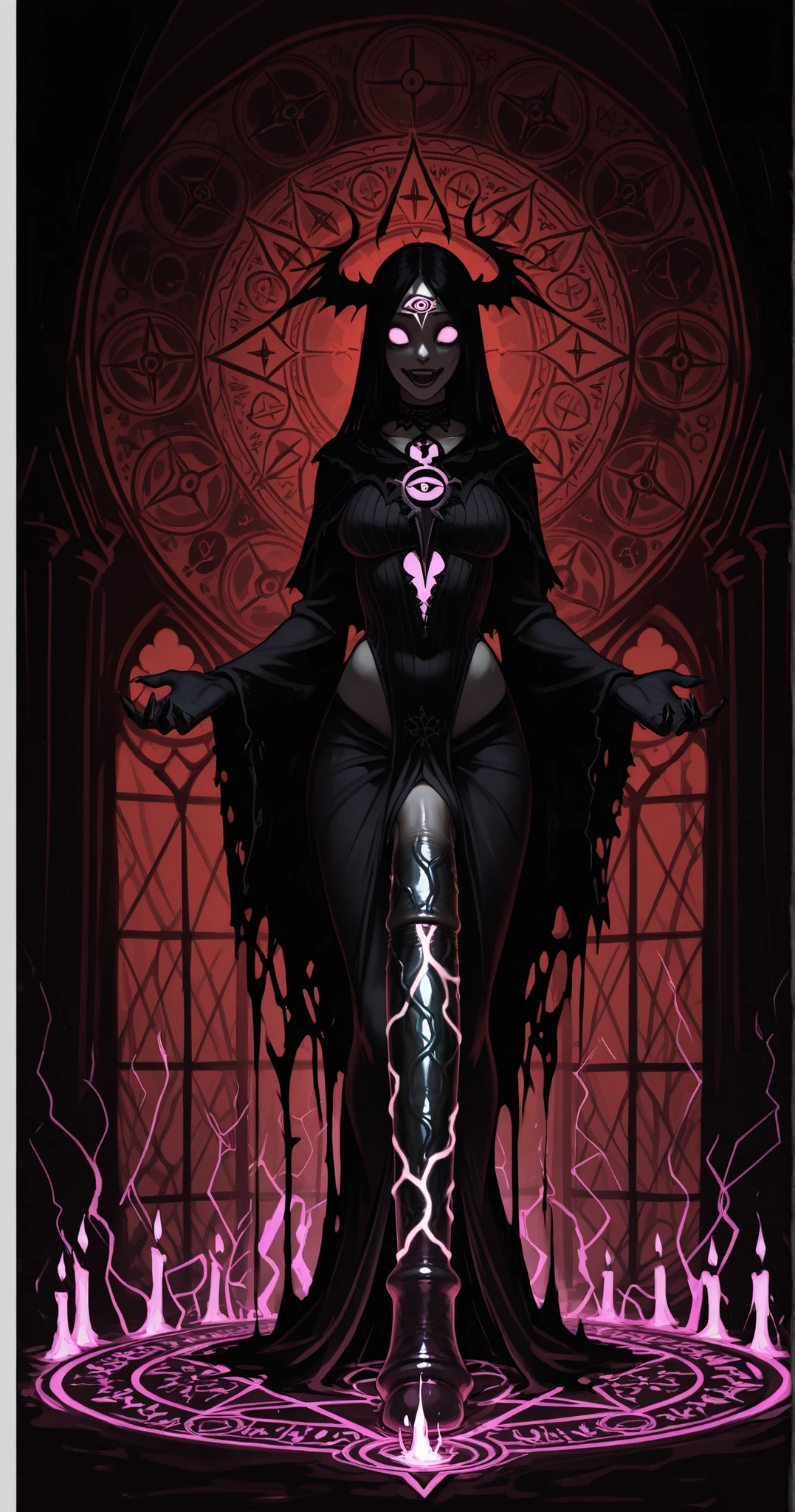 Brandi Love the evil nun, Demon horn, Demon wings on the head , an evil red glow emanating from her, his hands preparing a purple ball of fire, diabolique, insidieux, Context of the Satanic Church