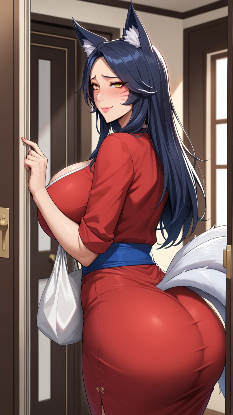 Fox girl extreme muscular body, geisha outfit, fair skin, fox ears, 9 fluffy fox tails and gigantic breasts.