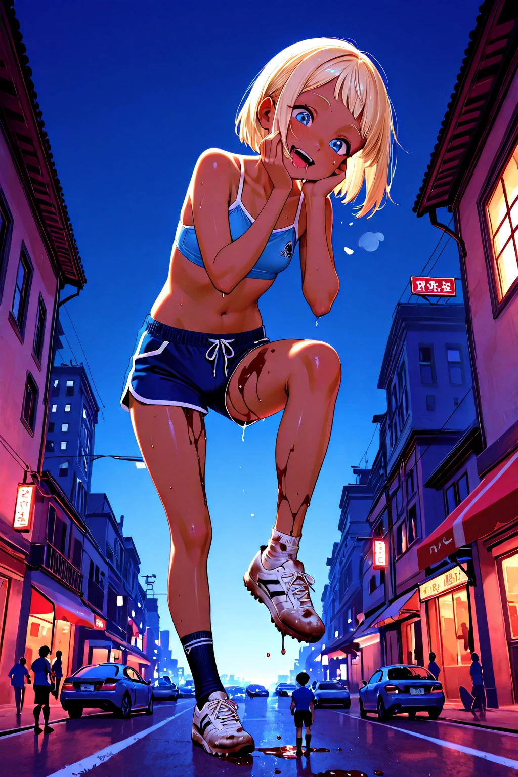 Bright white shirt、Red Hot Pants、Modern fashion、High-cut sneakers、20yr old、a blond、Twin-tailed、large full breasts、Sexy body、(opened breast), agony、contempt, muscle, large boob,lotion, In the street、red blush、embarrassed from、Tied behind your back with a rope、Squatting and spreading crotch、BDSM、Crab crotch with crotch spread、tiptoeing、Sex Expressions、((a large amount of cloudy liquid drips from the genitals、Vibrator in pants))