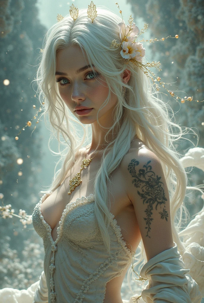 stunningly beautiful woman wih long straights silver hair, sexy and cute, in a white lacy teddy, big bust, ethereal looking, surrounded by nature, white flower and butterfly.