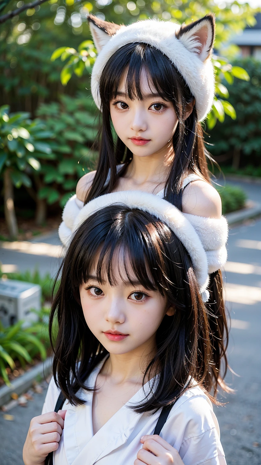 GIRLS CHILDREN, WITH VERY LONG STRAIGHT DARK HAIR, BLACK FUR COAT.