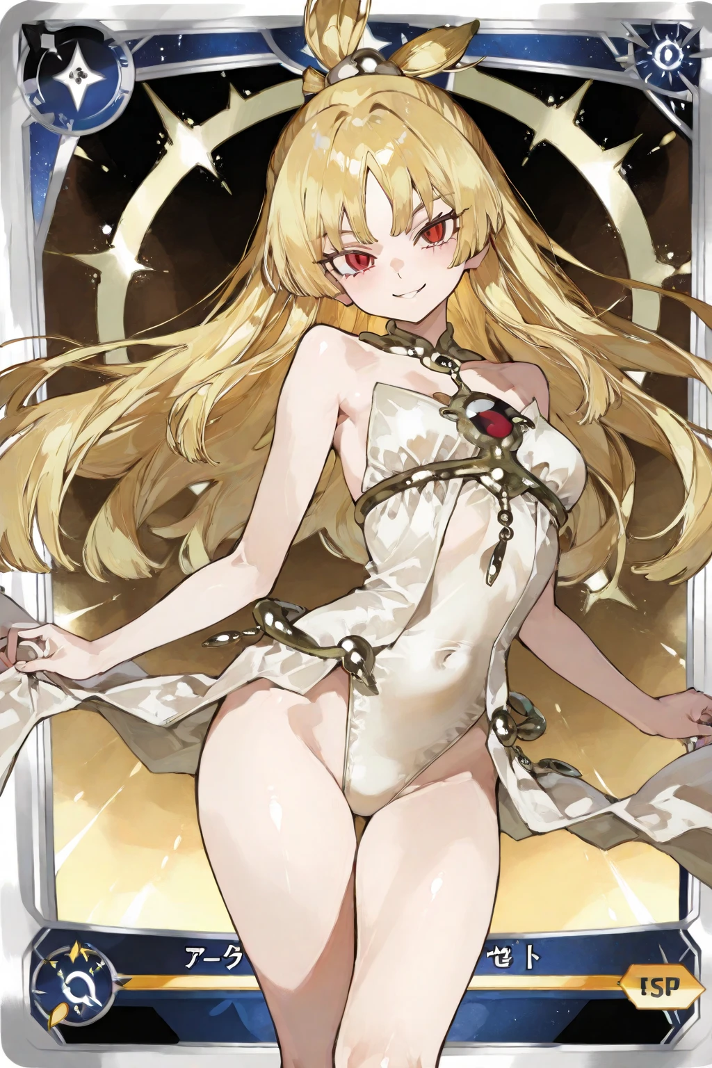 Top quality, high resolution, clear image, 1girl, white long hair, princess cut, perfect body, weed hips, narrow waist, full body, erect in normal position, golden eyes, (micro bikini: 1.4), NSFW, full body, bare feet, beautiful long leg, slim body, narrow waist