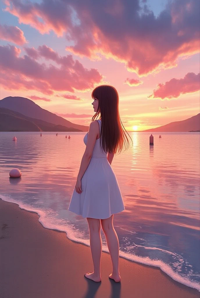1girl,white sundress,blue hair,sun hat,wide hips,thick thigh,barefoot,tall girl,pink hair,looking away, beach,  blue_sky, giantess, SWEATER,BACKLESS OUTFIT,  building, castle, city, cloud, cloudy_sky, day, hat, house, island,lighthouse, mountain, ocean, outdoors, plant, purple_hair, rock, sky,water,gigantic,,outdoors, (masterpiece, best quality:1.4),high quality, highly detailed,detailed,perfect,wide_shot,dingy,dim lightning,dramatic lightning,sydmead_style ,wind blowing, city far in the backgroud coverd with fog sunsetHyperStylizeV6