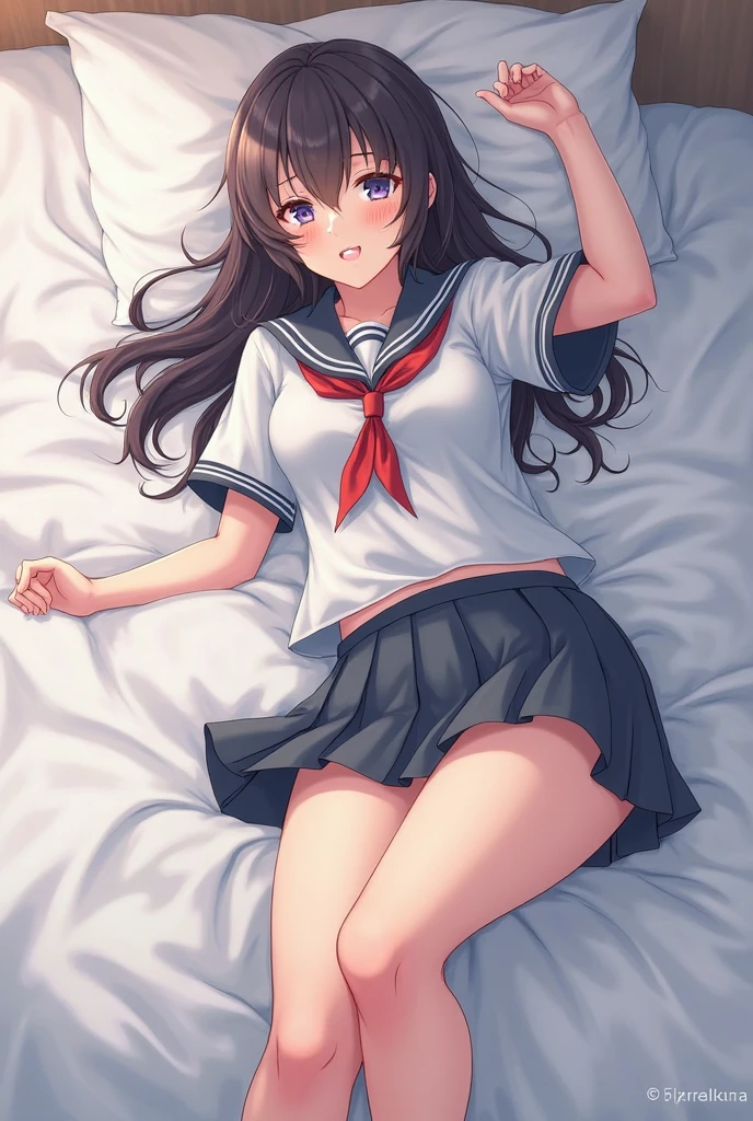 anime schoolgirl body on the bed lying in front