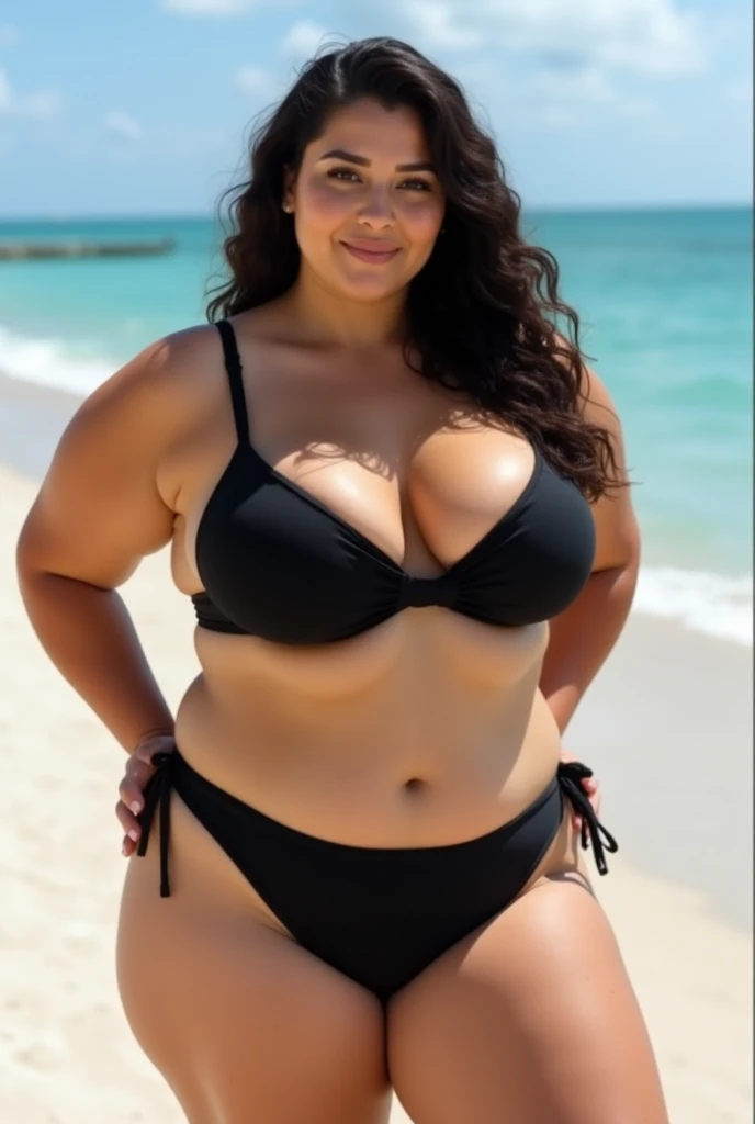 ((Top Quality, 8K, Masterpiece: 1.3)), One Girl, (Random Hairstyle, Huge : 1.4), Ultra Detailed Face, Detailed Eyes, Double Eyelids, Pocory Belly, Big Ass, Chubby, Open Legs, Plump Belly, 20 Years Old, Protruding Pubic Hair, Protruding Breasts, Ultra-Small Panties, Ultra Transparent Micro Bikini Swimsuit with Thin Black Lace, Fully Visible Breasts, Spilled Breasts, Dark Pubic Hair, Hidden Breasts, Two Arms, two-legged, chubby belly, looking at the camera, random nature, wet skin, realistic rays, beach, bra off, refreshing smile, plump belly, open legs, bra laces cut, bra unfast, protruding pubic hair, mesh bra, short armpit hair, bra with lace composition, T-panties,