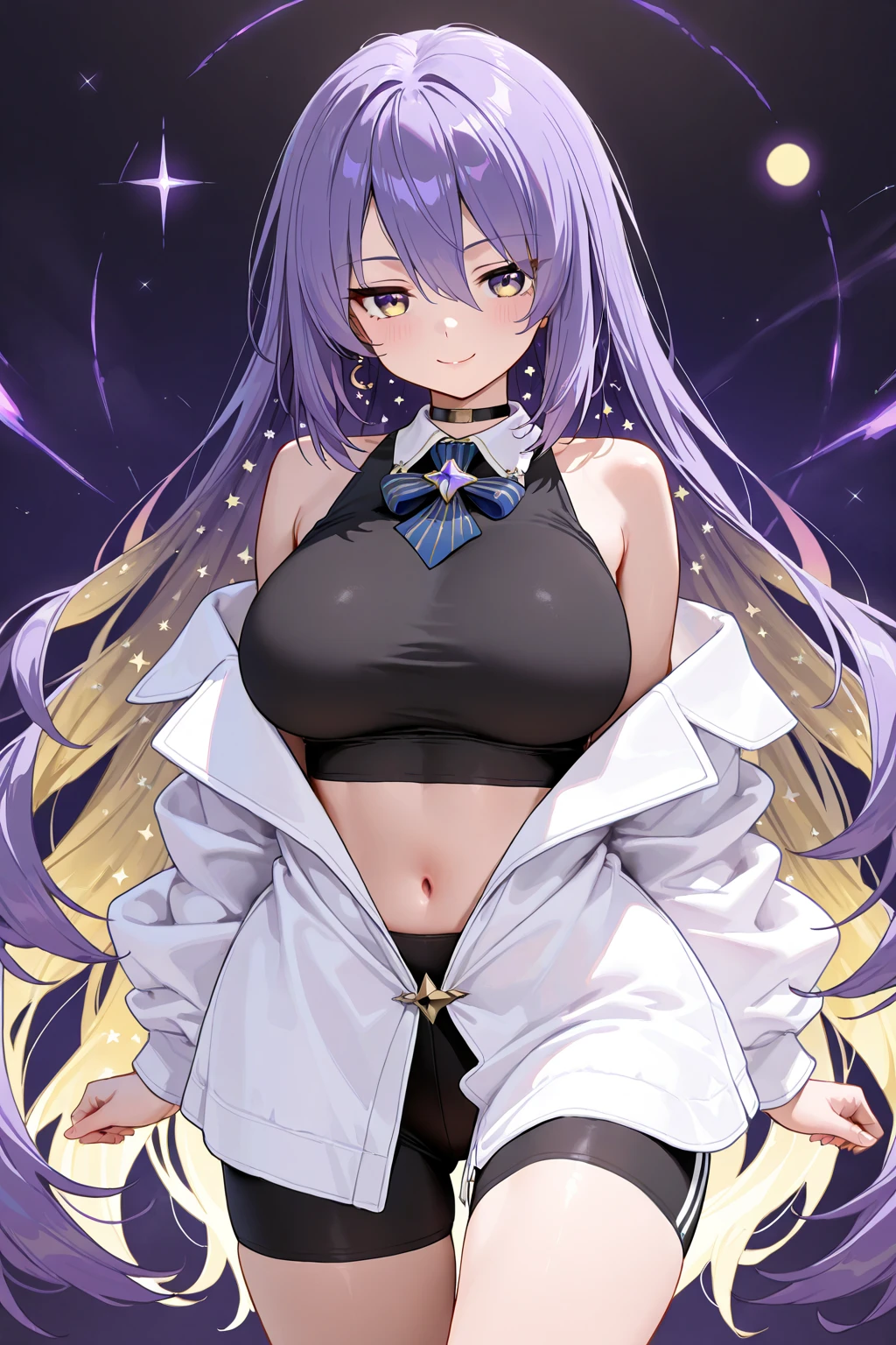 Woman;
cientist;
white labcoat;
black blouse;
Mid breasts;
purple eyes;
cabelo roxo;
wolf's ears;

