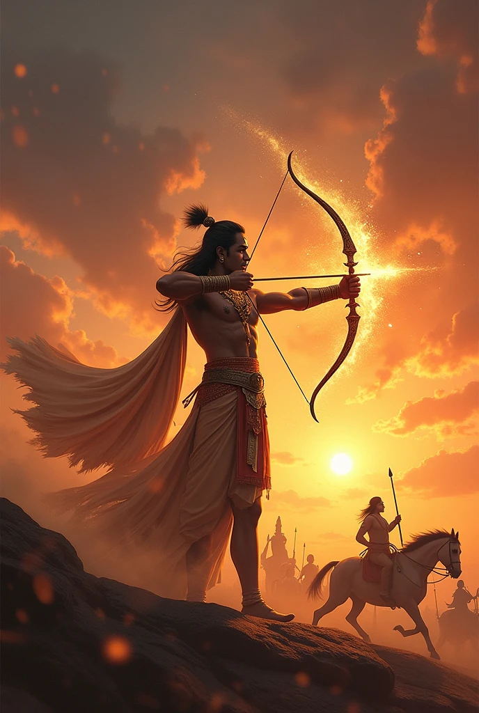 Make me images of arjun from mahabharata holding weapon in hand aiming towards sky foggy background make this image on canvas