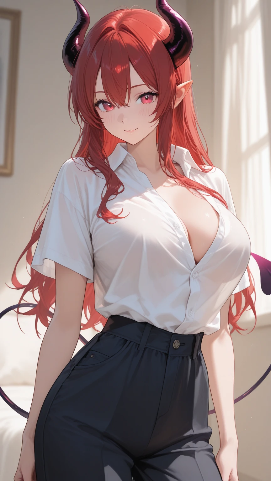anime girl with red hair and blue eyes wearing a skirt and an open shirt revealing a black bra
