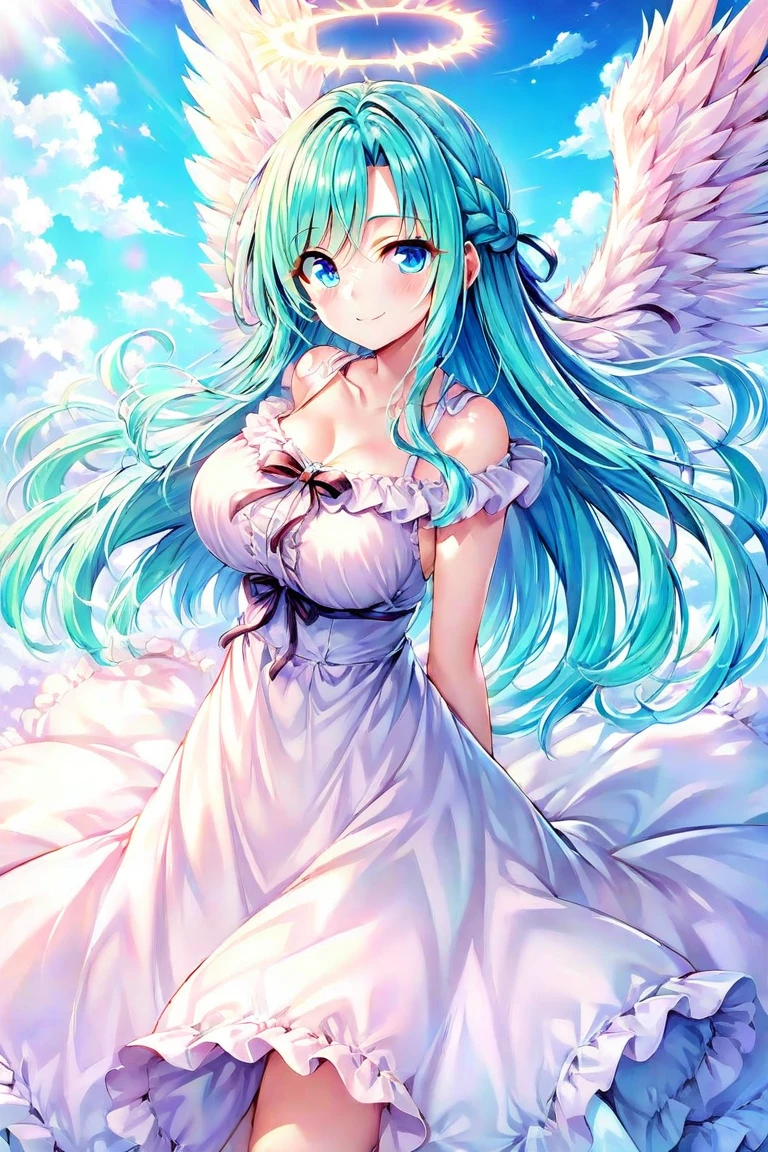 score_9, score_7_up, score_6_up, 1girl, source_cartoon, source_anime,breathtalking Scenery,watercolor,smooth soft skin, natural skin,full body,
BREAK
(20 years old),1girl, (large breasts:1.3),Oily skin,smile,ultra cute face,(alluring physique:0.9),slender,
BREAK
(Long wavy hair:1.4), (Light blue hair:1.3),(pearlwhite angel wings round fold:1.5),garnet eyes,wings round close, eyes open,detailed eyes,(angel wings inspired by ice and snow),large intake hairstyle,
BREAK
(Perfect red Heart shaped angel halo:1.4),(Heart shaped red angel halo of light:1.2),(Heart mark angel halo:1.5),(Heart shaped pendant:1.1),
BREAK
white dress inspired by sea ripples and seaweed,wears transparent dress evoking the waves, Elaborate accessories crafted from sea jewels,pale blue dress inspired by ice,dress inspired by snow,(Sash:1.2),red Sash with red heart shaped gem,crystal dress,