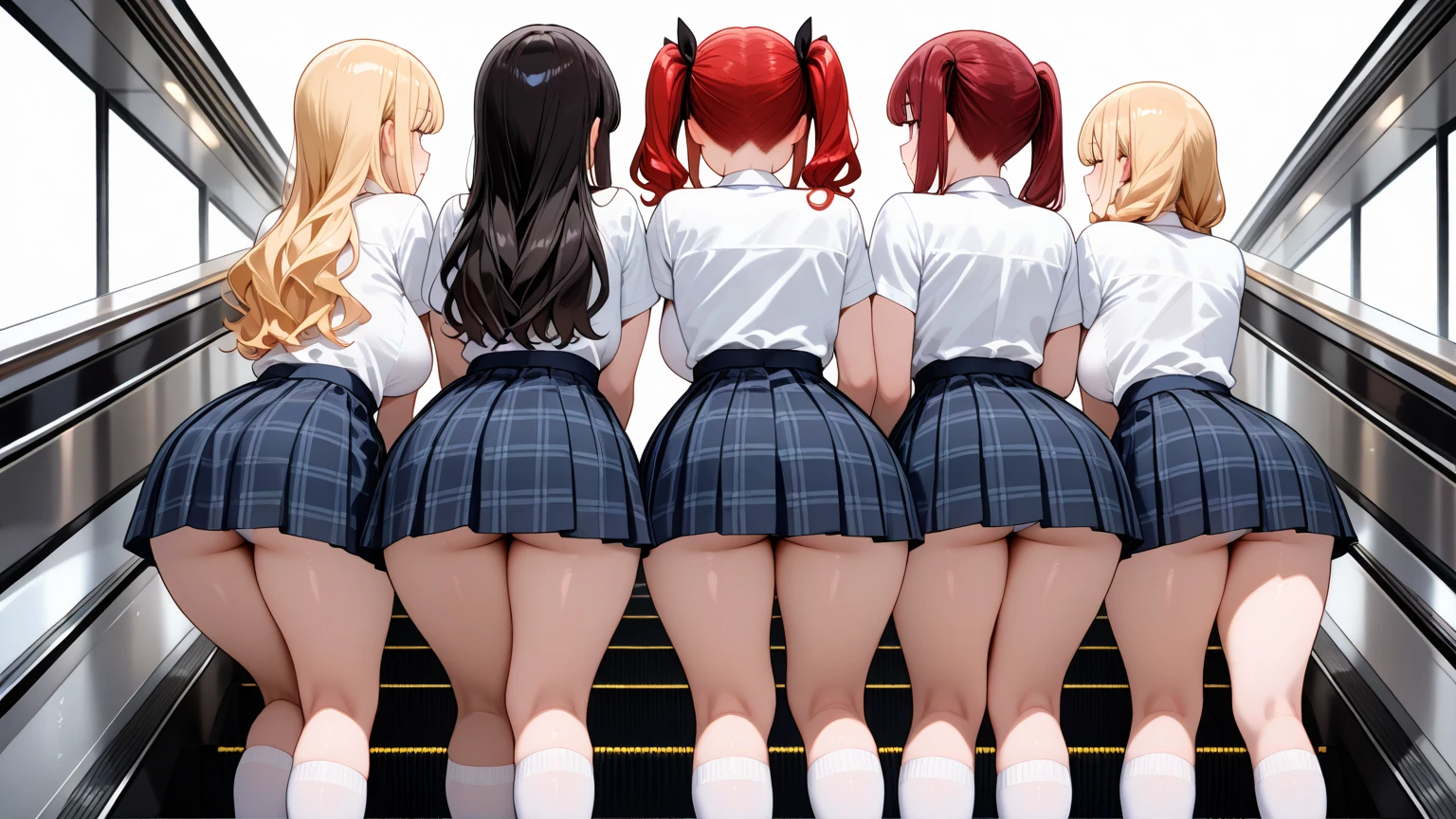 a group of cute schoolgirls looking from behind, showing their butts in a flirtatious way, smiling, raised skirt, black panties, lace panties, sexy , blonde hair , red hair ,