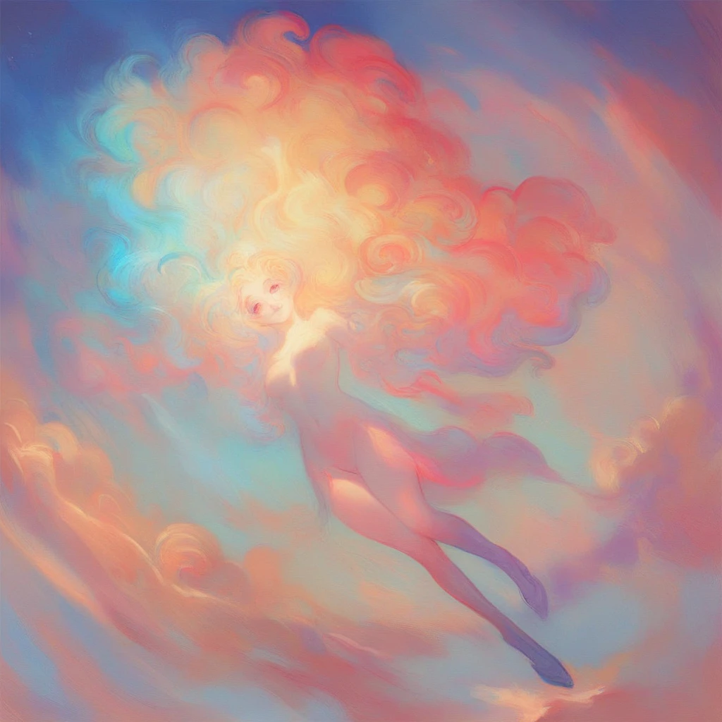 a beautiful 20 year old blonde nude woman with big messy hair, laying on a fluffy cloud, floating gracefully over a small city, cityscape, twinkling stars and glowing moon at night, cute detailed digital art, colorfull digital fantasy art, digital fantasy art ), glossy digital painting, rossdraws pastel vibrant, rossdraws 2. 5, rossdraws 1. 0
