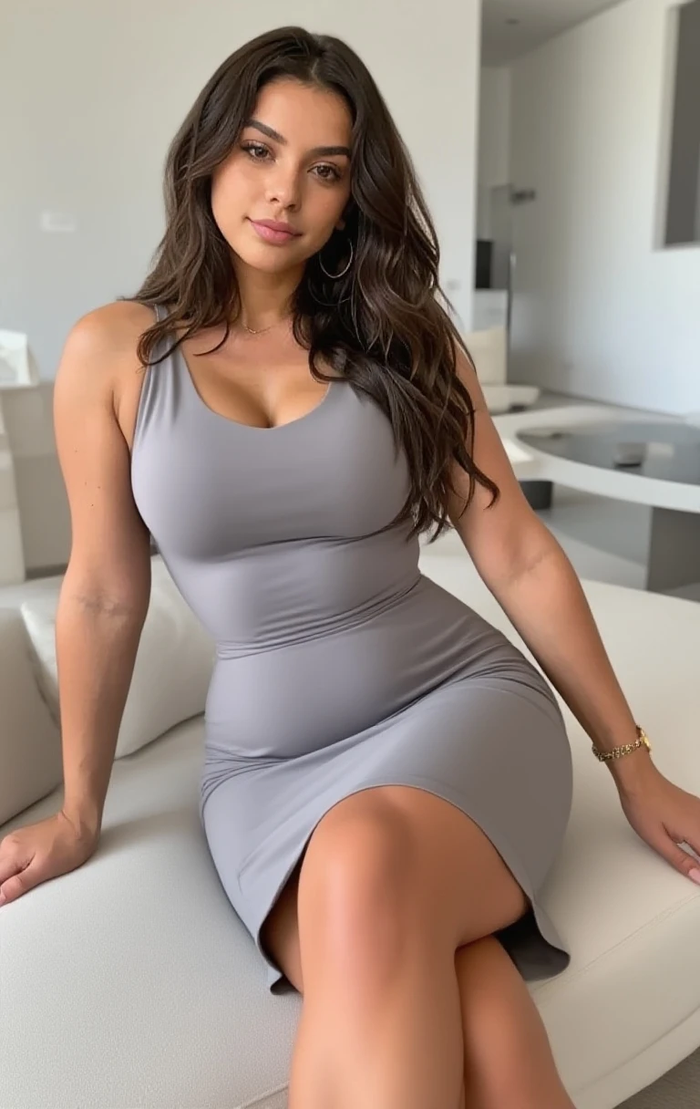 A hot korean woman, smiling, brown hair, long flowy hair style, long legs, braless, large natural breasts, huge natural breasts, gigantic natural breasts, plump body, casual white tight spaghetti jersey maxi dress, high heels, stilettos, In the living room, finely detailed beautiful eyes and detailed face, seductive pose, standing on the floor