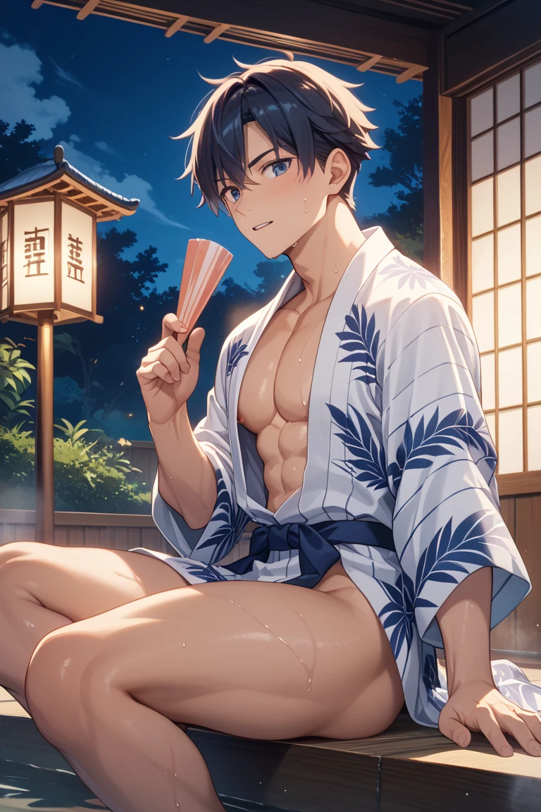 (score_9,score_8_up,score_7_up,score_6_up,score_5_up,score_4_up, source_anime), 8k, best quality, best lighting, BREAK, 1boy is 17 yo, muscled, male yukata, veiny arms, japanese riverside, ((night)), ((midnight)), [fireworks], wide shot, sitting, look at viewer, (((dark sky)))