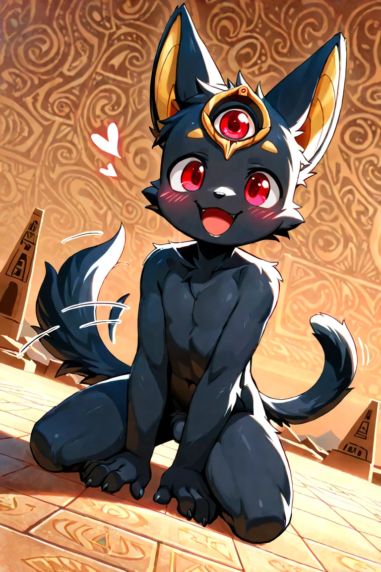 kemoshota, anubis boy, dog boy, in dungeon, black fur, short statue, innocent, naivety, looking at viewer, Egypt adorns, dynamic angle, from birds point of view, short height, young boy, open mouth, 8 years old, a cute friendly monster anubis boy, affected, relaxed, comfortable, tamed, tamed tattoo, very short cute boy,