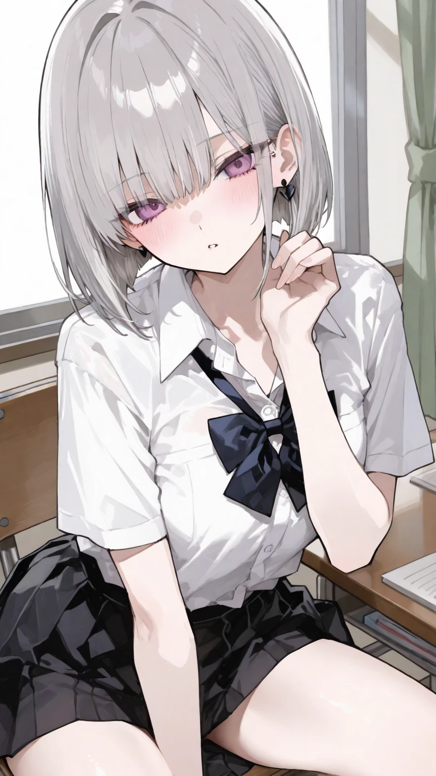 1girl in、A smile、A delightful! The shirt、pleatedskirt、White skirt、(small tits)Squatting panchira、