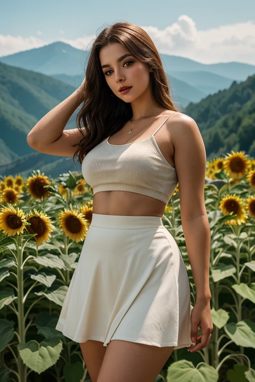 (hyperrealistic), (illustration), (high resolution), (8K), (extremely detailed), (best illustration), (beautiful detailed eyes), (best quality), (super detailed), (masterpiece), (wallpaper), (detailed face), solo, (dynamic pose), 1girl, white off-the-shoulder shirt with sexy super short yoga pants, bare shoulders, blooming flower field, glowing skin, light smile, camel toe, (no panties), (no bra)