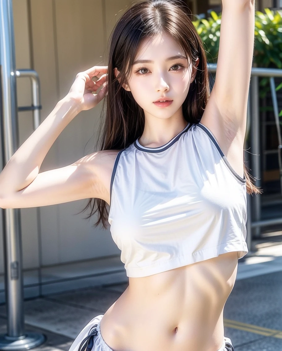 highest quality, masterpiece, Ultra-high resolution, (Realistic:1.4), RAW Photos, 32K Portrait, Very detailed, Cowboy Shot, Dynamic pose, 

One girl, 16 years old, mini skirt、The most famous Japanese idol、Japan&#39;s most popular cheerleader, Wearing only a white sleeveless cheerleader uniform, An innocent smile, View your viewers, Upturned buttocks, 

Very cute face, Stunningly beautiful big black eyes, Very beautiful hair, Very beautiful lips, Very beautiful skin, Very beautiful breasts, Very beautiful body, Very beautiful arms, Five perfect fingers, Very beautiful buttocks, Very beautiful thighs, 

Detailed face, Fine grain, Detailed Hair, Detailed lips, Detailed Skin, Detailed body, Detailed Weapons, Detailed five fingers, Detailed white sleeveless cheerleader uniform, Detailed hips, Thigh details