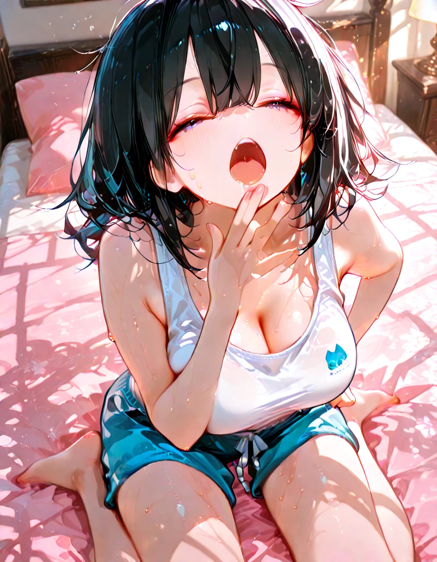 From above, (Close ~ eyes:1.2) One Girl, blush, sit, beautiful girl,skirt, Anime move,Two Side Up、(Gloss Lip)、Thick lips,Kissing Face,Open your mouth、Sticking out tongue、saliva、Black Hair