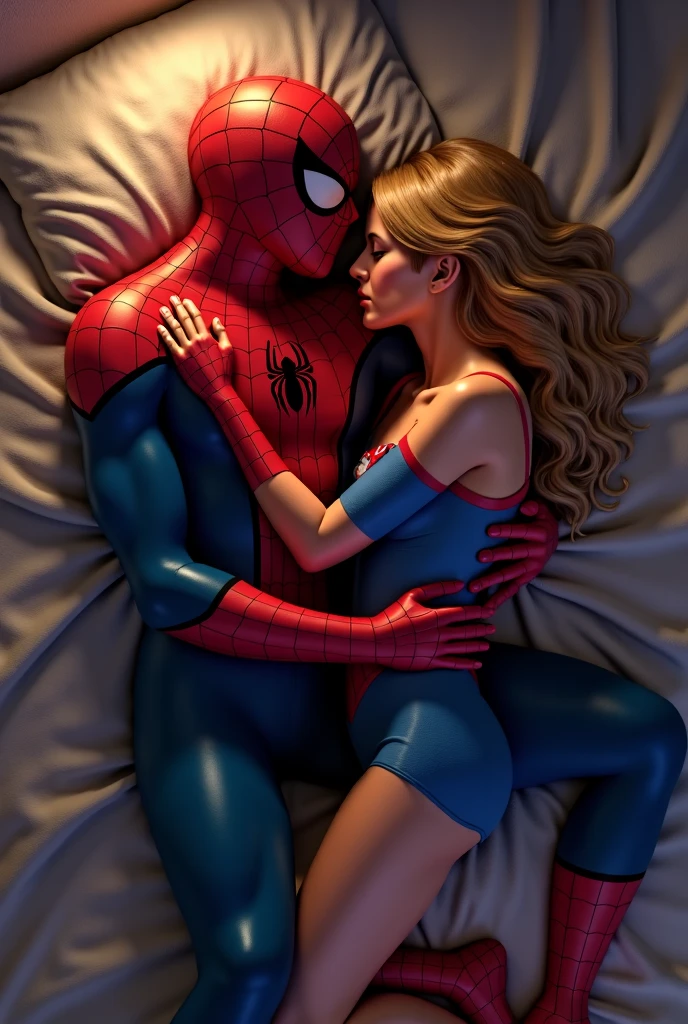 anime art: marvel art style, a masculine 20-year-old male with a big masculine bulge, wearing spider superhero outfit , He's dry humping a sleeping woman wearing lgbt shirt in the strete
