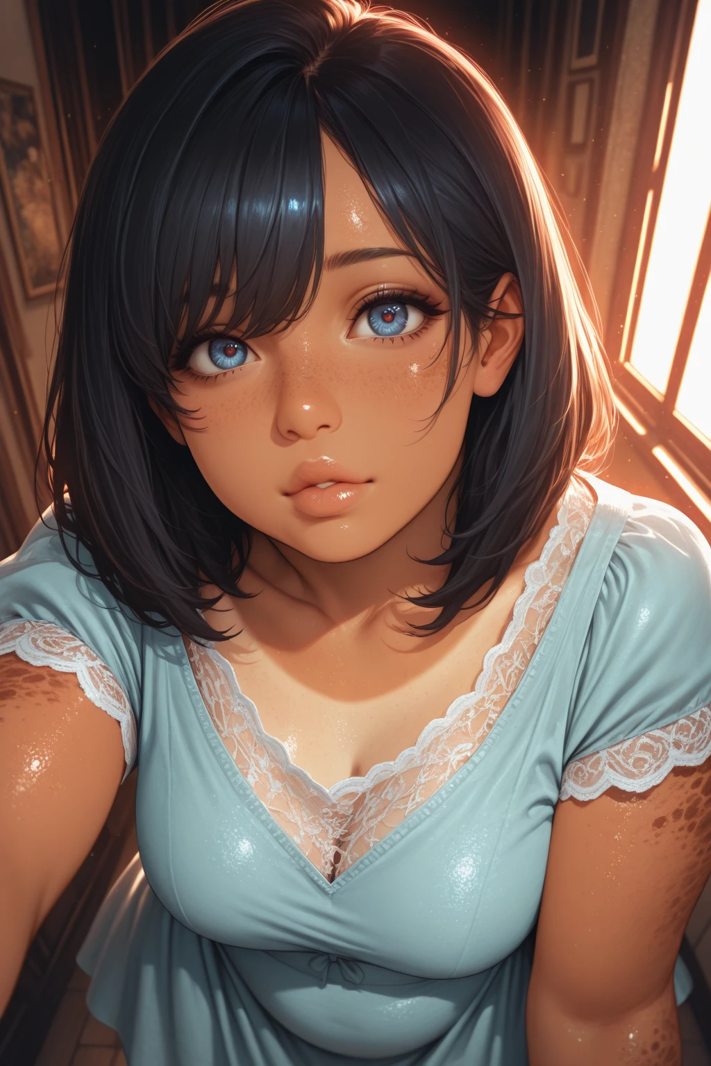 (best quality), (exquisite and meticulously detailed masterpiece), (hyper realistic anime face), (octane render), (((3D))), photorealistic, Create a hyper-detailed, high-resolution illustration of an anime-inspired woman, showcasing a blend of photorealistic and anime elements. This character combines the ethereal beauty with the captivating allure of anime aesthetics. She has deep, expressive blue eyes, ((pefect beautiful big eyes)), (((big eyes))), ((eyeliner foxy eyes)), and her hair is very long, reaching almost to her waist, with a ((dark black hair)), loose hair. Her ((((((lips are large and luscious, enhanced with hyaluronic acid injections)))))),(((bimbo lips))), , giving them a soft appearance. The woman has a serene gaze and a slight smile, adding an air of mystery and charm. ((((Her face is covered in lots of freckles))) )as well as her chest and shoulders))), ((freckles)). Her skin is smooth, silky and pale. She is really thin and has a ((really tiny waist)) that, along with her sensual hips, gives the impression of resembling an hourglass, ((((small boobs)))), ((small size boobs)), (((underboob))) , (((visible collarbones))), (((casual white croptop))), (((underboob))), showing collarbones, ((neckline)), ((sleveless)), ((denim shorts)). The pose is dynamic and provocative, staring at viewer, ((on all fours)), ((from above view)), (detailed night indoors:1.6). This masterpiece marries the ultra-realistic detail of her features with the distinctive charm of anime aesthetics, aiming for an 8K resolution to capture every nuance of this intricate scene,