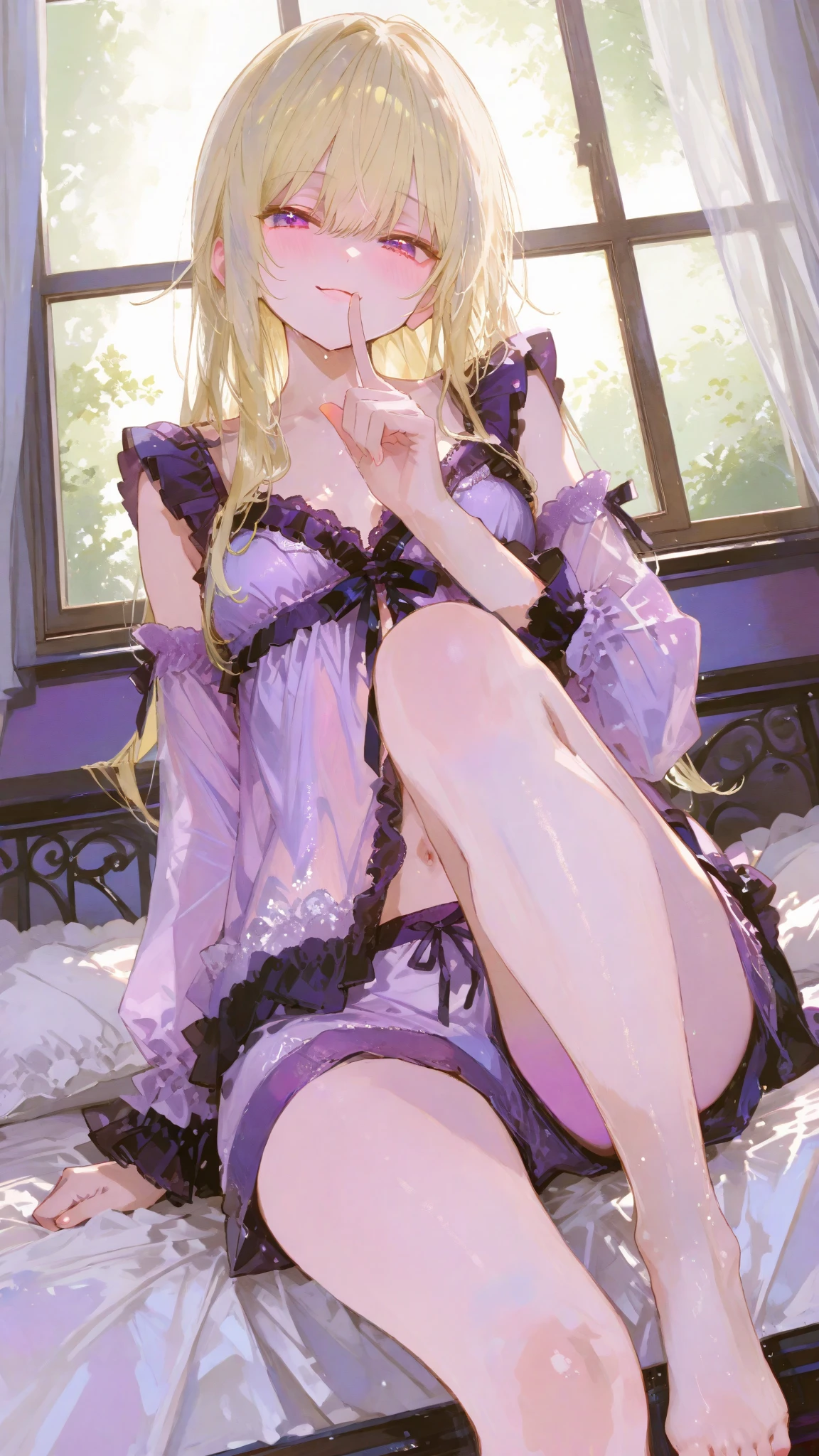 high resolution,High resolution,1Beautiful girl of the person,whole body,look up,looking at the camera,Big eyes,Glasses,Crying face,Tears,Stringy saliva,Open your mouth wide,Sticking out tongue,Flush saliva,Overflowing with saliva,ponytail,Golden Hair,Brown eyes,In underwear,Purple bra,Purple underwear,High leg,Purple garter belt,Purple knee-high stockings,Tears overflow,Dripping a lot of saliva,Drooling,On the bed,sexy,Finger licking,Lingerie,Western-style room,Alluring,Leg spread,front,