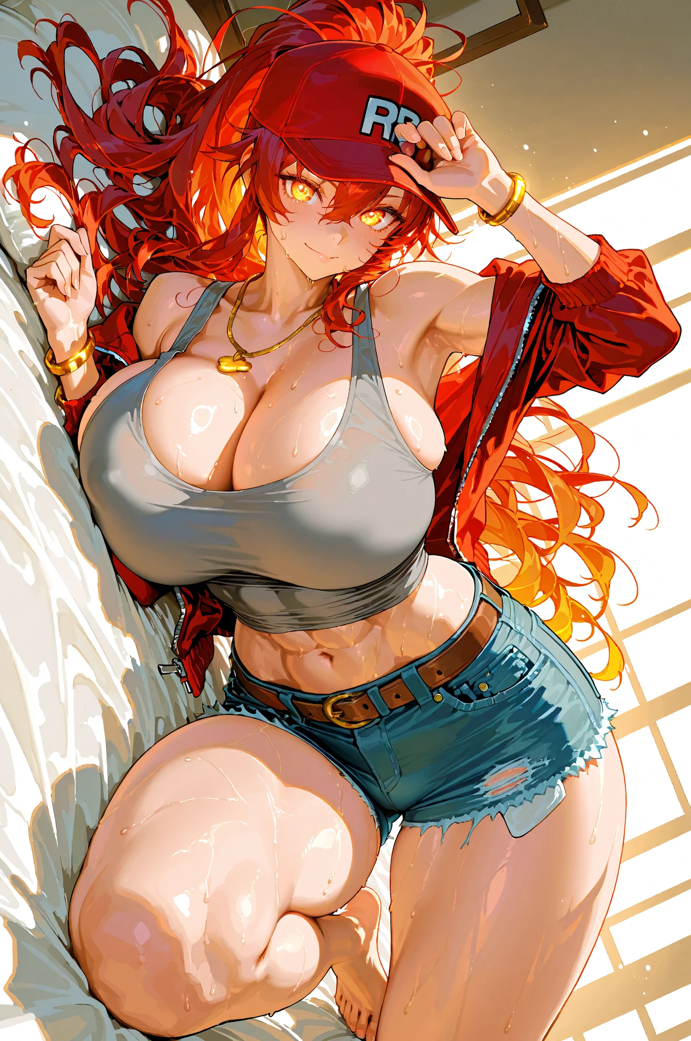 Cute sexy shy woman with thick long messy curly orange hair with glasses with tattoo blushing with bright earrings with thick thighs and big chest in sexy position taking off sexy black bikini in tight jeans with a comb over standing in bedroom at night with dropped jaw with butt out awkwardly laughing with eyes closed acting shy