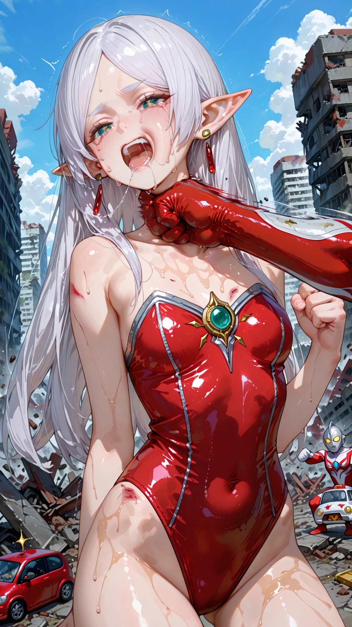 masterpiece, best quality, highly detailed, 1girl, (soiled :1.3), painful face, struggling, ultragirl, ultraman red bodysuit, detailed ruined building, city, (standing :0.8), giantess, giant, between buildings, a girl fucked by a monster,spread legs ,(wet),swaet,(sweat on face),saliva,dump,cum overflow,(sex),((vaginal)),Bukkake,cum in pussy,cum on body,cum on breasts,cum on lower body,cum on upper body, moaning ,tears,tongue,((fucked silly))BREAK monster, battle, fangs, restrained, (strangling from behind), penis,ejaculation, (kaijuu), grabbing, 