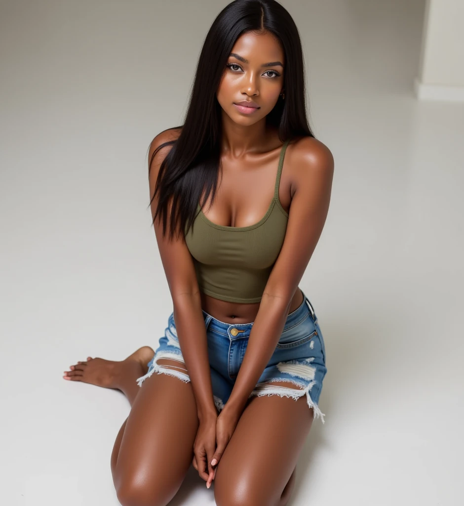 Beauty face, Long hair, Messy hair, Intricate clothes, Unbuttoned clothes, Full body, Cinematic light, Realism, Woman, One, African, 30 Years old, Skinny, Muscular, Oiled skin, Tanned skin, Medium breasts, Medium ass, Seductive smirk, Brunette hair, Stockings, Sleeveless t-shirt, Necklace, Transparent clothes, Decollete, Unzipped clothes, Model pose, Summer, Spring