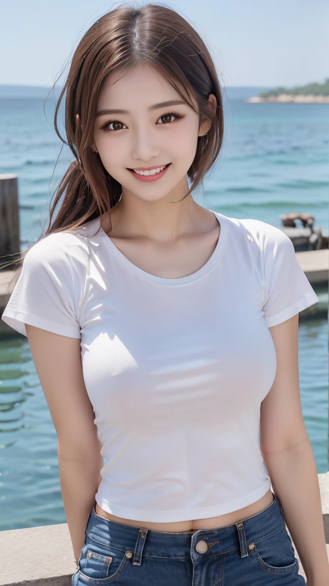 Highest quality, figure, Super detailed, In detail, High resolution, 32k wallpapers, Perfect dynamic composition, Beautiful attention to detail, Random top model white t-shirt with bare midriff,Bob Perm Hair,Center of chest,Big beautiful cat-like eyes, Cute Button Nose, Small and fairly full lips, Thick eyebrows and long, beautiful eyelashes. Transparent throughout makeup, Apply blush to your cheeks,Dark eyeliner,Lip gloss makes it sparkle. Walking Pose,smile,white and clean teeth,Indoor swimming pool background