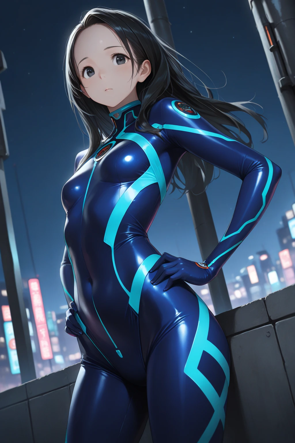 masterpiece, best quality, highres, 1girl, solo, superhero, leotard, bare legs, boots, matching boots, aura, blue aura, sleeveless, gloves, bracelets, matching gloves, looking at viewer, light particles, city backdrop, perfect hands, perfect eyes, powering up, perfect leotard, perfect legs, perfect arms,