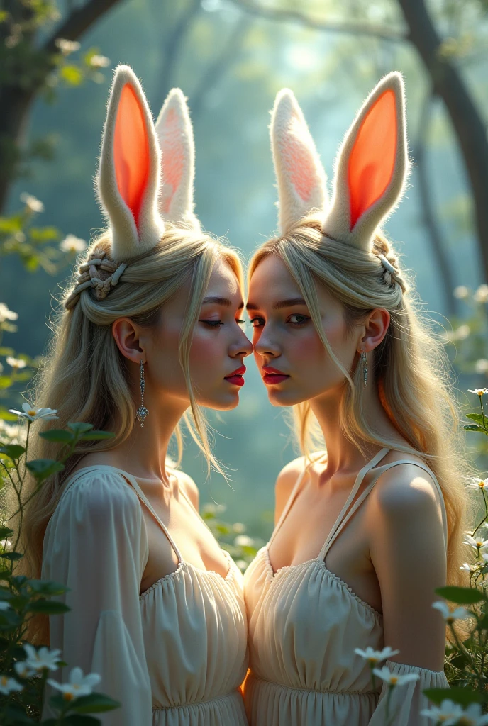 Bad quality. Beautiful Indonesian women. 2 has eyes like a rabbit. White hair ponytail style. weight 70kg. bright red lipstick. rabbit ears costume white furry rabbit costume. walking in the Indonesian forest. barefoot. almost like dripping sweat. Lots of sweat dripping. Grainy colored cctv footage. seen on CCTV from a distance. at noon. bad light.