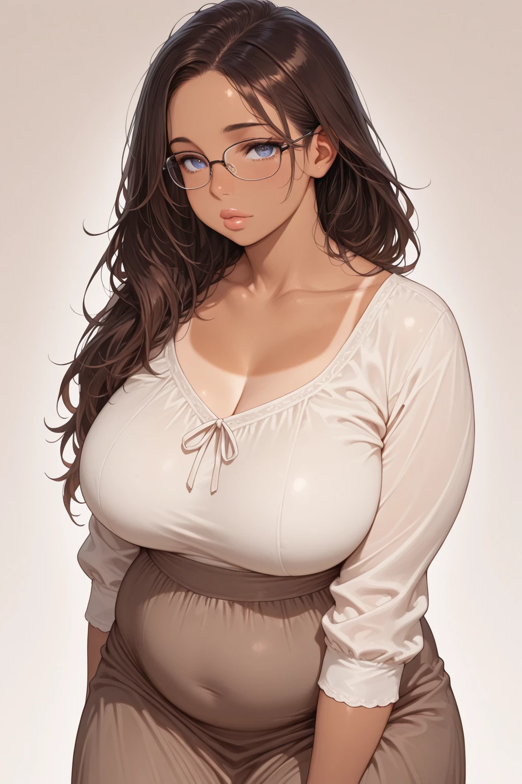 girl, solo, grey skinny, green eyes, brown hair, curly hair, glasses, (huge breasts, cleavage), partially without closure, face, perfect, masterpiece, simple background, ((masterpiece, portrait, pixel)), artstation