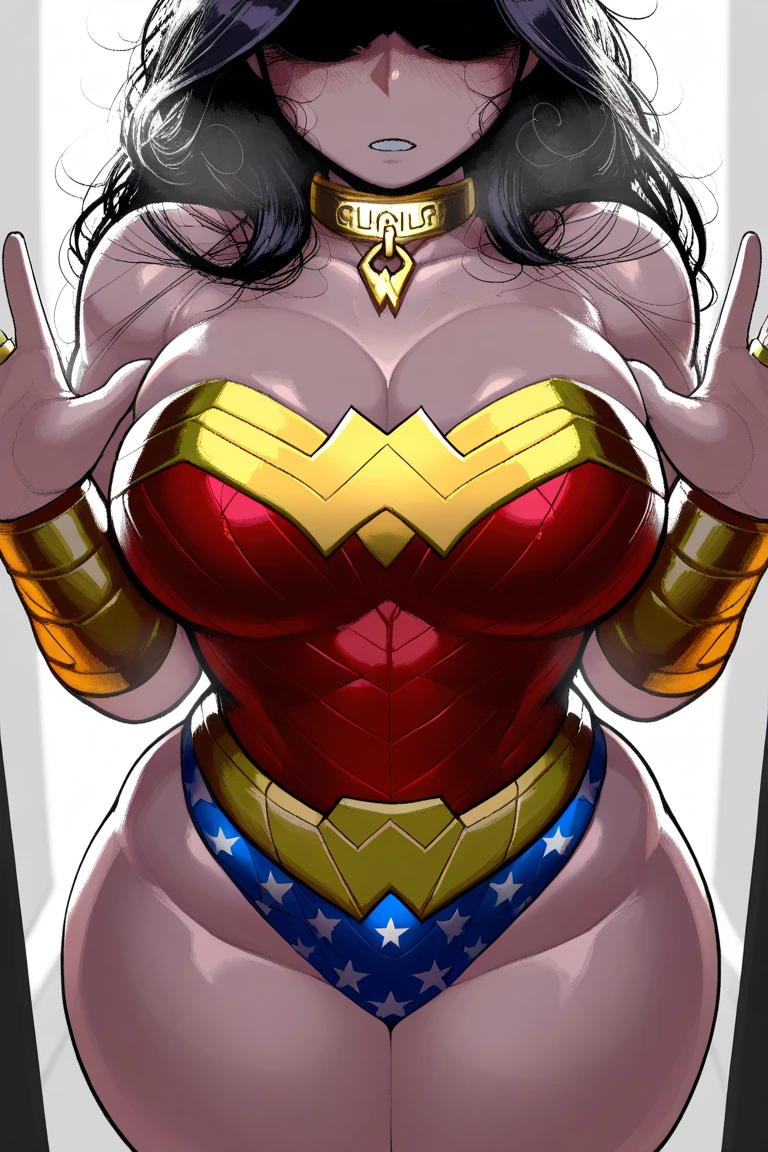 Wonder Woman, 1 girl, ((barnet))), long black hair, uniform, puffy lips, thick lips, wide hips, thick thighs, huge ass, pain face, tears of pleasure, large natural breasts, cleavage, mature mother, arms up, big man, big dick, female penetrated, male penetrating, forced sex, mating press, moaning, sex, sweat, sweating, blowjob