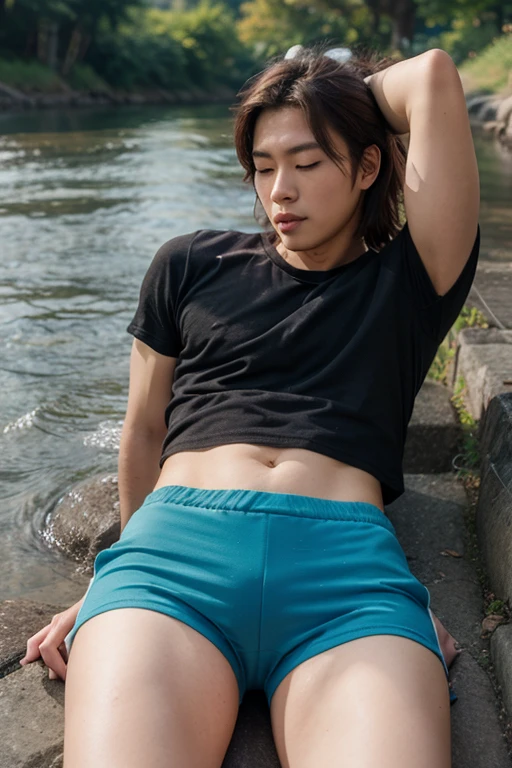1 boy,Young Thai Man, handsome,cute,teenager,high school student,blink,Normal body, in the stream,small panties,crotch tung,