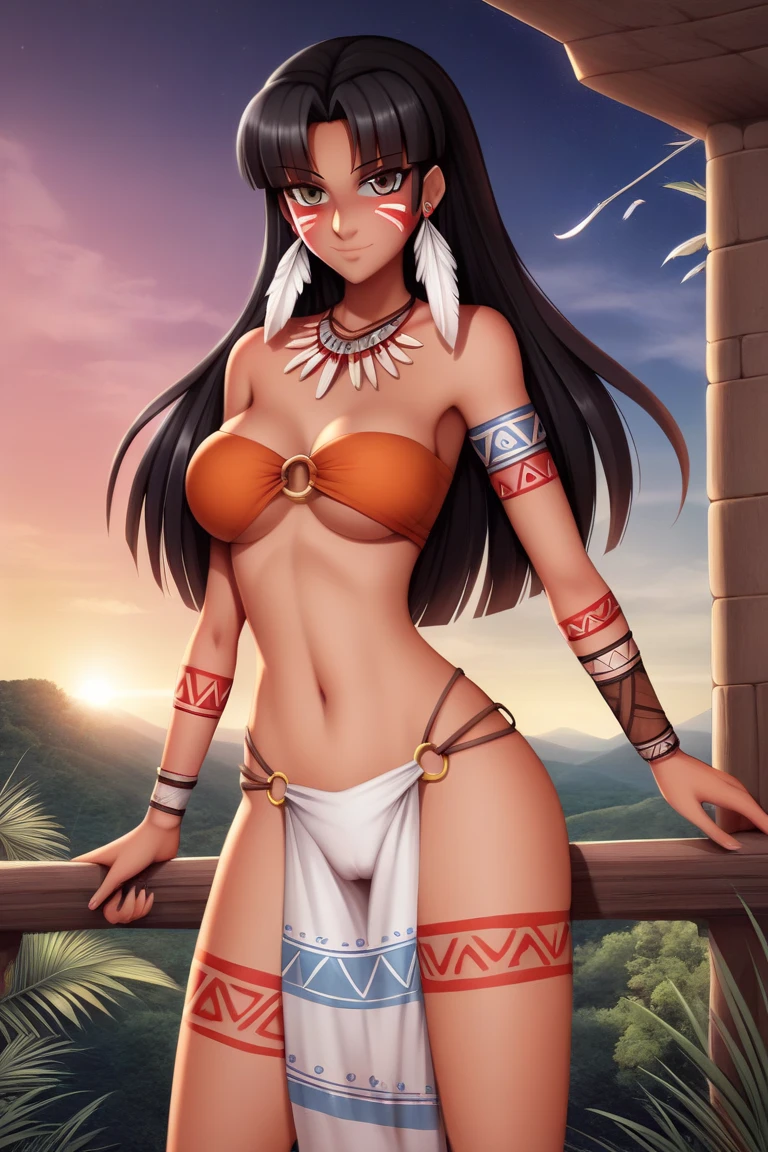1 girl, (dark skinned female, black hair:1.3), black eyes, tribal girl, tribal accessories, naked, tribal tattoos, smirk, Island background, (masterpiece, highly detailed, best quality:1.5)