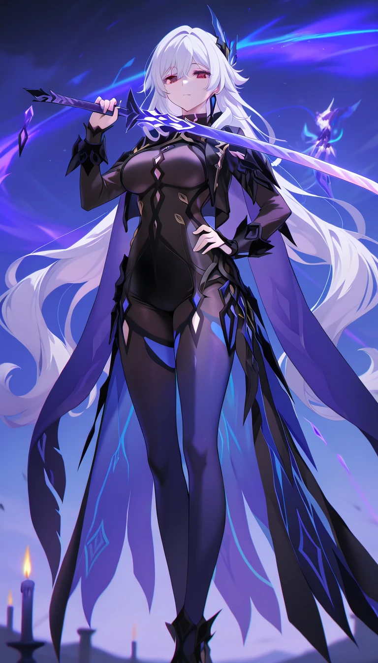 Age 30 years woman, Long gray hair with star Clip, bodysuit Merged with robes with glow Motive Dark black purple, high heels, Third person view, looking at the viewer, best quality, masterpiece, HD, Full Body, Night sky, variation angle, Serious expression, facing Side, red eyes