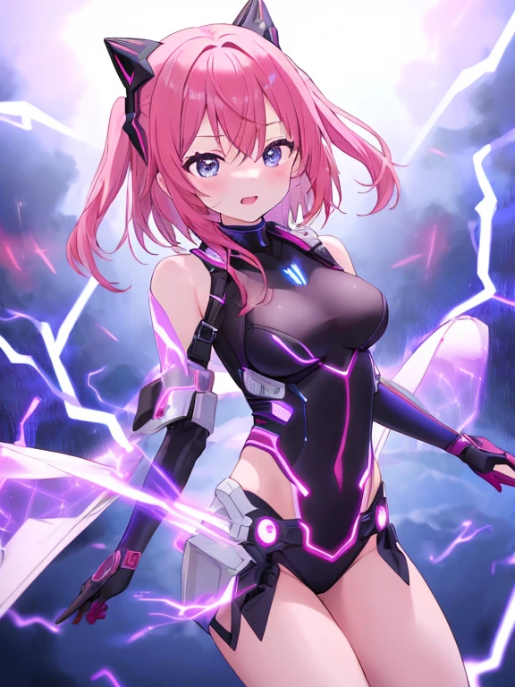 One girl, , alone, Sophie_Tales, Purple Hair, Long twin tails, Flat Chest, Pink bodysuit, Outdoor, Medieval, Dynamic pose, Combat Stance, Oversized mechanical gauntlet,