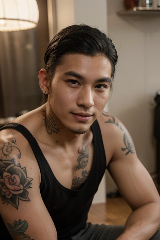 a young man AI high quality muscular tattoo with name “ruy” tanned skin piercing gaze pinkish moisturized mouth with realistic animated bedroom background