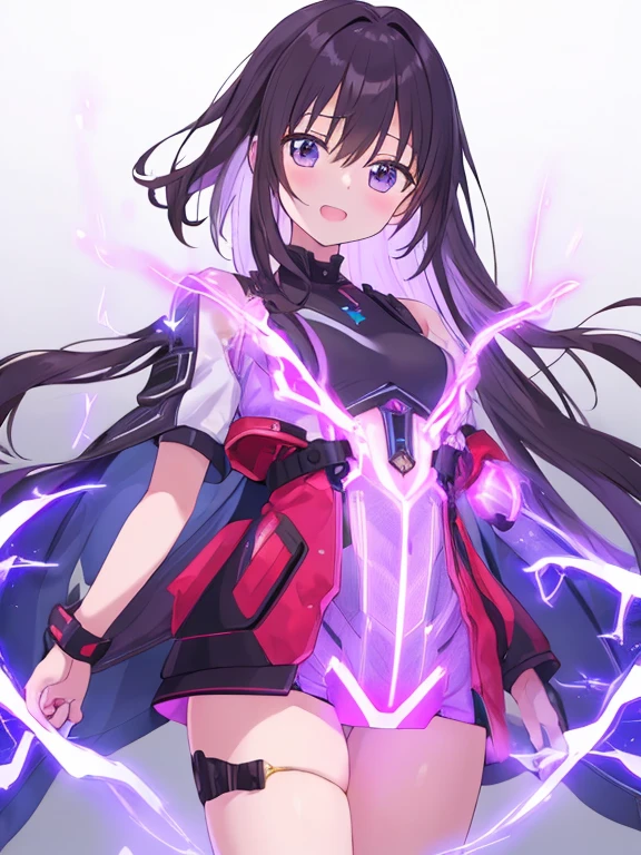 最high quality, high quality, 8K、High resolution,Highest quality、solo、A large heroine of justice wearing a pink battle suit.、Black Hair, Open Mouth Smile, Thighs