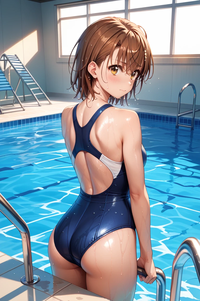 (Masterpiece), 8k wallpaper, solo, Watanabe you, standing, facing viewer,school hallway, sideboob,one-piece swimsuit,low cut at hips, blue eyes, beautiful detailed face and eyes, half body inside pool , looking back,wet, (shiny water drops:1.2), smile , leaning forward , wedgie,ass exposed , armpits, adjusting,wink
