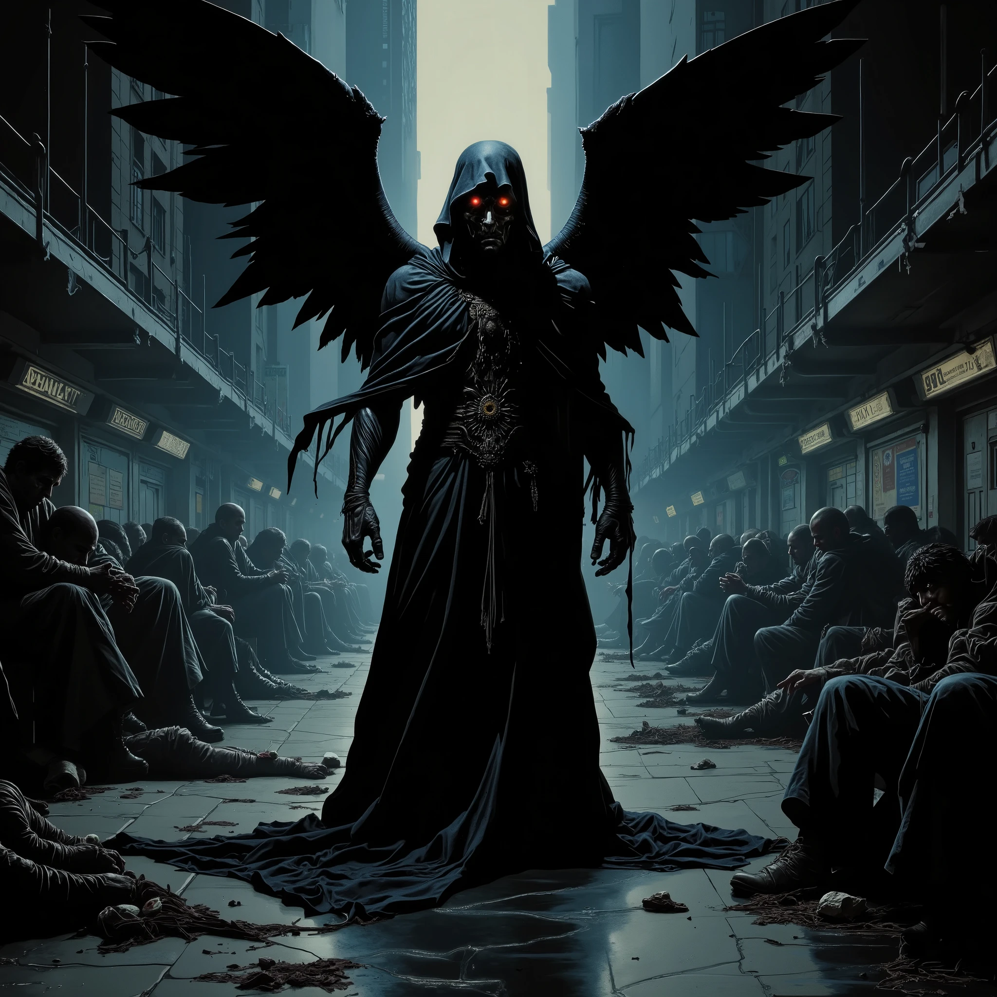 Background: Late-night subway station.(Summon.)The time has come.The Door of Confusion...Despair..Hopeless..Symbol of evil....Extraordinary...The power to nullify everything.It is the original seed of the devil. A power that transcends everything.Bow down to me.I hate justice and hypocrisy.Evil deeds are my destiny.I love hatred, sadness, lethargy, and fear.Eyes that see through lies.Wings that fly through time and space.Human? Male? Female?..No mercy...super fine art..hi-res..((Composition looking up from a low position))