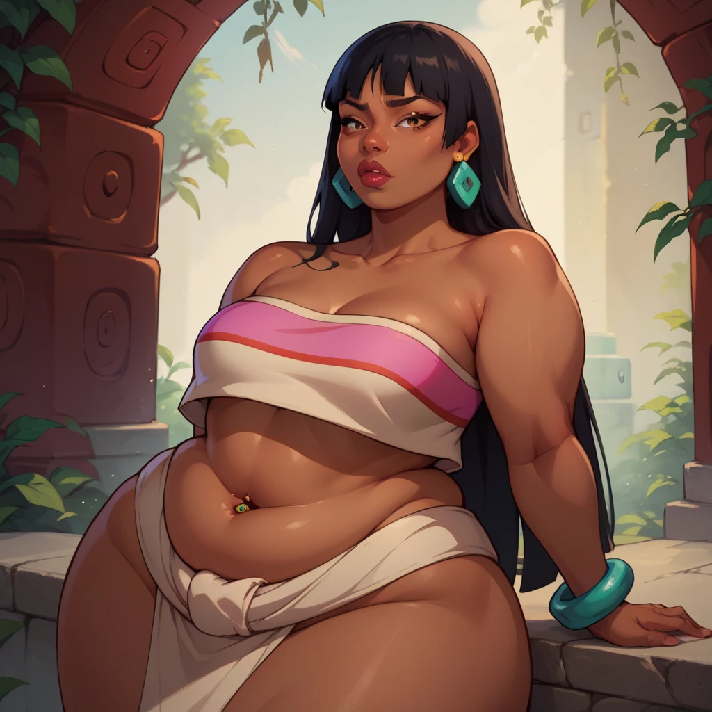 art by kipteitei, 1girl, curvy girl, model body, (revealing clothing), curvy body, slightly pudgy, big tits, wide hips, heavy lower body, (el dorado), latina, maya tribe, mayan woman, tribal clothing, piercings, reddish brown skin, (standing in temple podium), black hair, golden bikini, long hair, (seducing citizen man), (belly size: 0.4)