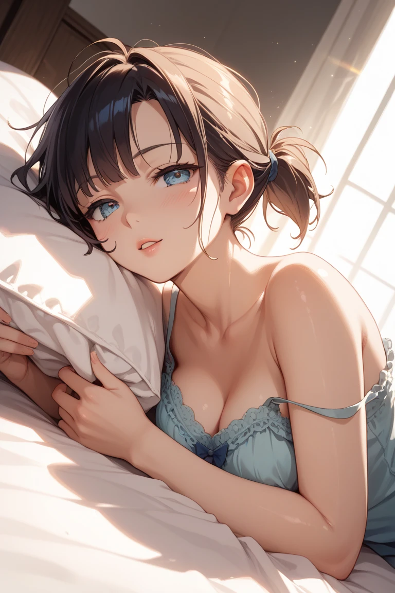 Semi-naked anime girl, black panties, black tank top, short brown hair, green eyes, smiling, lying in bed, sexy body --auto