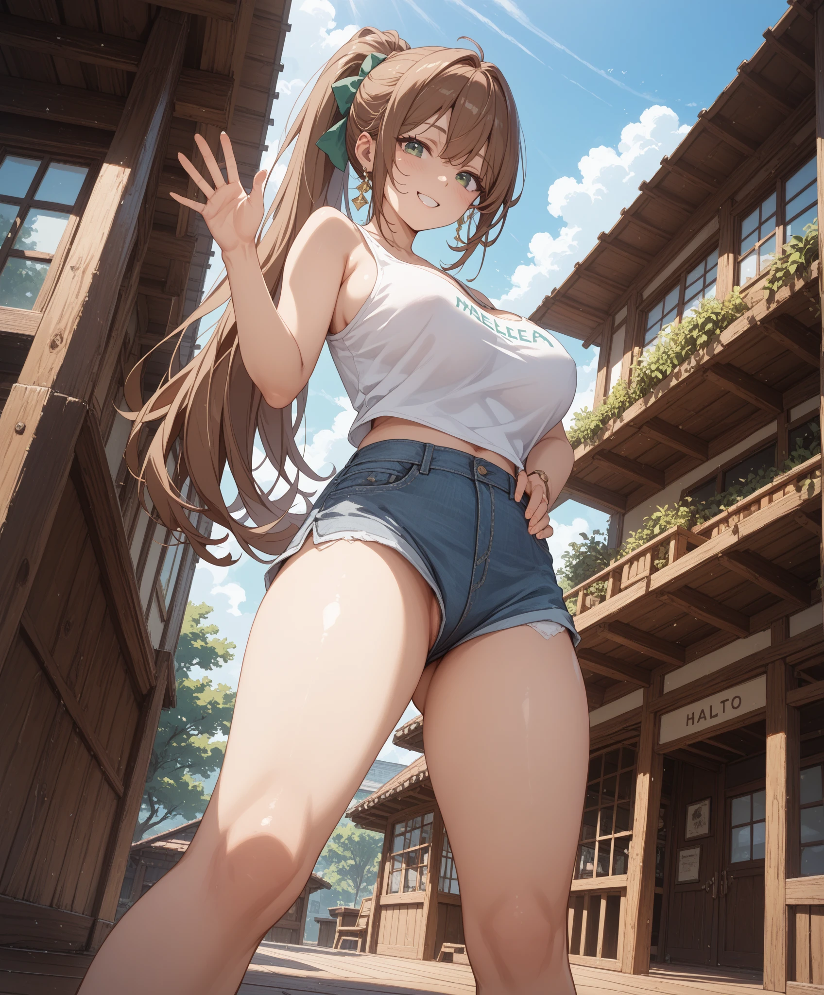 A straight haired brunette adult female bending over backwards, brown hair, medieval, large long shaped tits, silly personalty, cute happy demeanor, sunny disposition, deredere, village, naked, nsfw, nude
