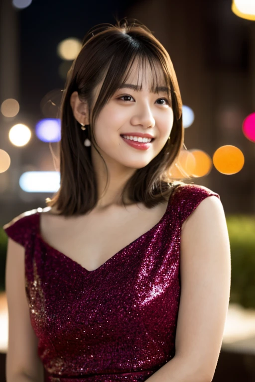 1girl, (wearing an off-the-shoulder dress:1.4),(RAW photo, best quality), (realistic, photo-realistic:1.4), masterpiece, an extremely delicate and beautiful, extremely detailed, 2k wallpaper, Amazing, finely detail, extremely detailed CG unity 8k wallpaper, ultra-detailed, highres, soft light, beautiful detailed girl, extremely detailed eyes and face, beautiful detailed nose, beautiful detailed eyes,(cinematic lighting:0.8),(in the city at night:1.8),(night city view:0.8),perfect anatomy,slender body,smiling,(young girl:1.6),(close up:2.0),(look at viewer),(front view:1.4),cinematic angle,(cleavage:1.4),(wavy long hair),(brown eyes:1.6),  <lora:maekawaryouko_lora-02:0.8>