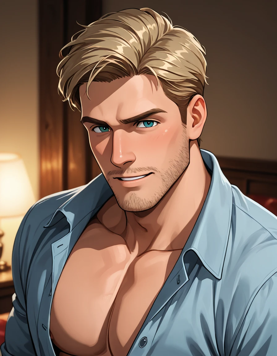 29yo. man, Roman, blond hair, blue eyes, White, smooth skin with chiseled muscles, languid eyes, bust, realistic anime
