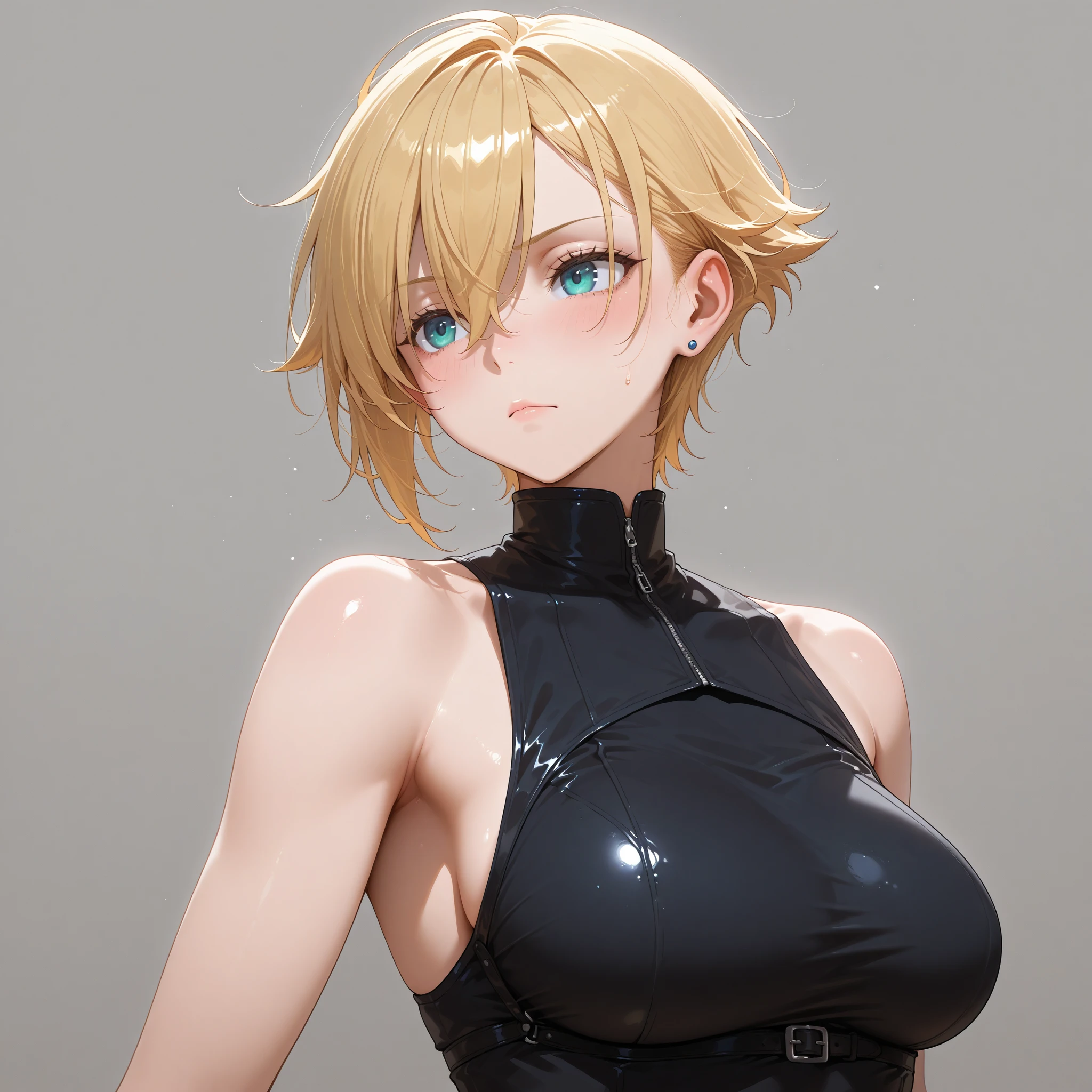 highest quality, High resolution, AND18, 1 girl, android 18, alone, blonde hair, blue eyes, short hair,earrings,big breasts, frown,blush, Sweat,Black tight suit,streak,I put my hands on my hips.,looking at the viewer。Bottomless swamp,the sky is cloudy,The water surface is black and murky,It&#39;s raining,