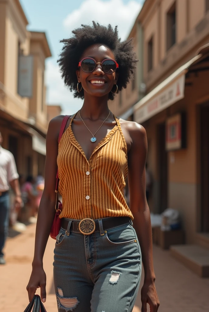 Generate an image of a Brazilian student strolling confidently through a busy university campus. she is tall and slender, com um penteado afro marcante que exala um senso de individualidade. Seus olhos, um tom cativante de castanho claro, Convey determination and curiosity.
She's dressed in a loose, Bright yellow blouse that is casually tucked into a well-worn pair, Mounted blue jeans, reflecting your unique style and vibrant personality. Para completar o look, Ela ostenta um par de vibrantes, Multicolor Sunglasses. Enquanto ela caminha, She carries a stack of graphite-covered books in one hand, showcasing your passion for literature, e ela segura um moderno conjunto de fones de ouvido sem fio sobre os ouvidos, Playing Your Favorite Punk Rock Songs.
This distinguished student embodies the spirit of a rebel, punk amante de livros com seu penteado afro, as you confidently navigate the lively atmosphere of the university campus.