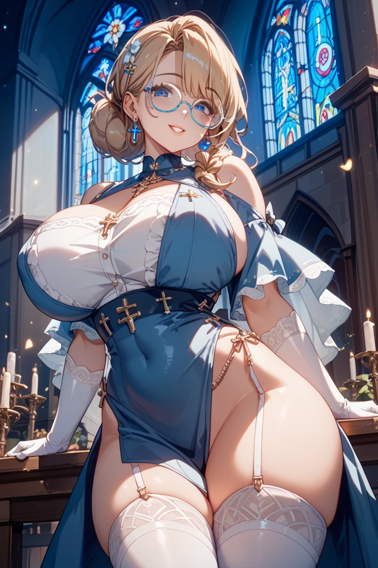 Marcille, elf girl, (gigantic tits:1.9) blue robe, wooden magicstaff, magical atmosphere,