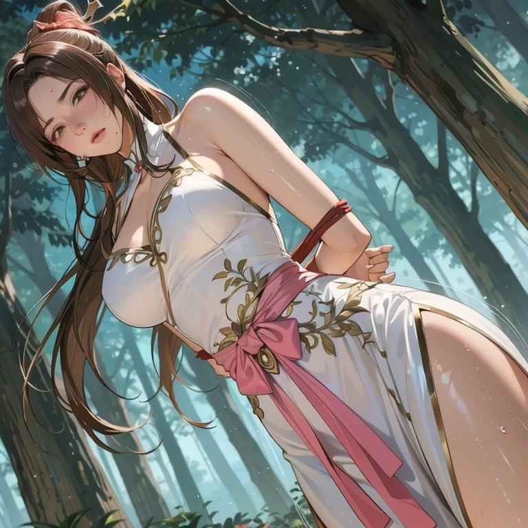 best quality, masterpiece, absurdres, highly detailed, illustration, 1girl, blush, glossy lips, natural lighting, YunaFFX, heterochromia, short hair, hair ornament, forest, white robe, cleavage, sandals, staff